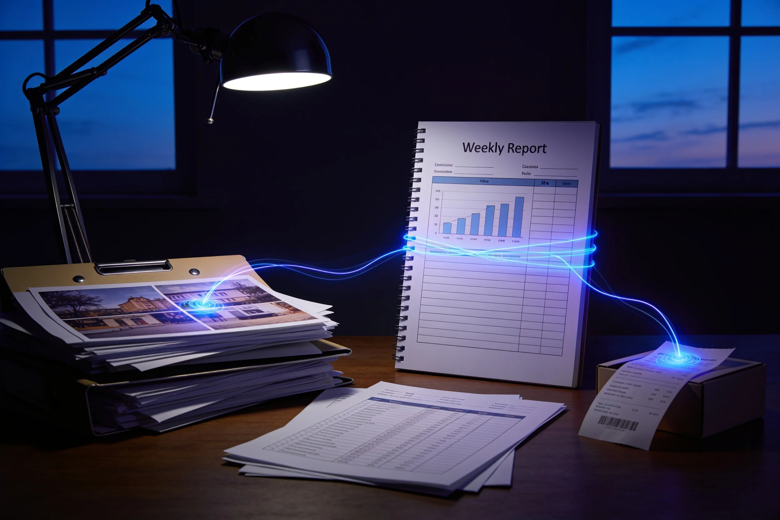 Threads of data being woven into a single report