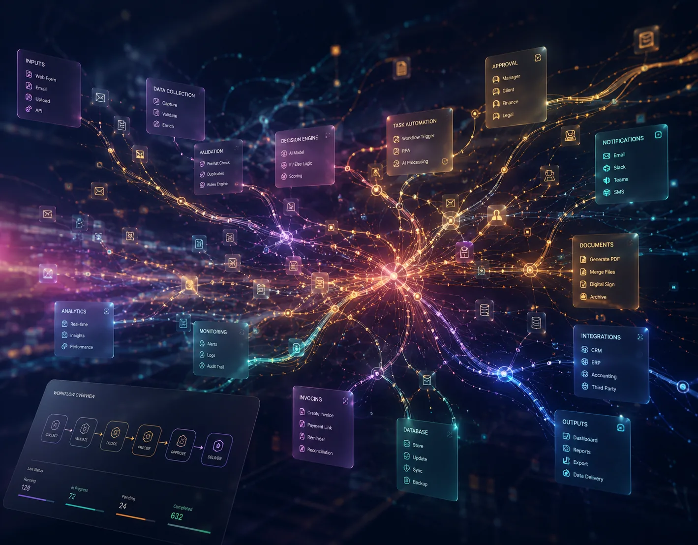 An illustration of an automation network: glass panels for inputs, validation, decisions, documents and outputs, joined by glowing data paths