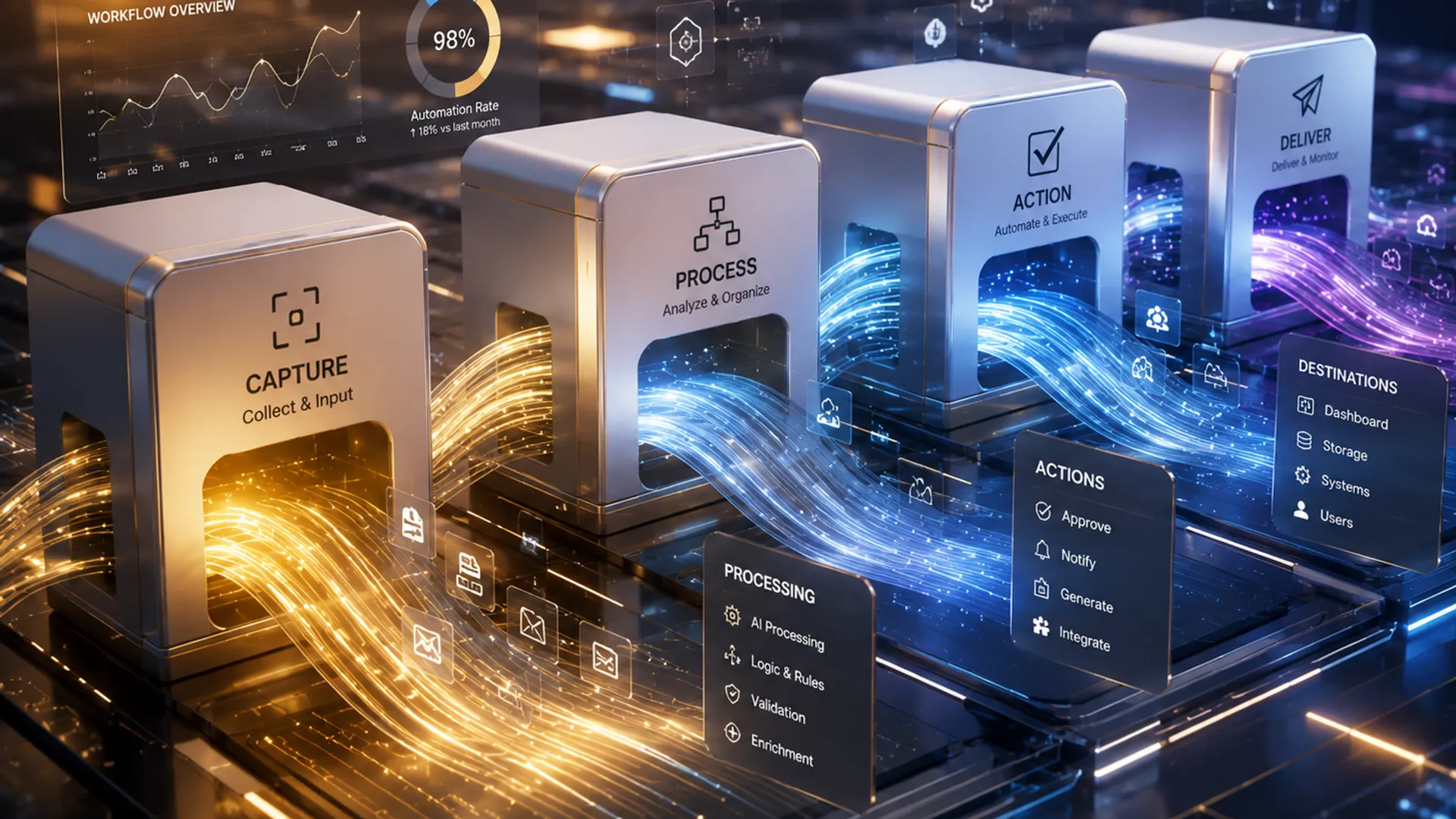 An automation pipeline moving documents between systems