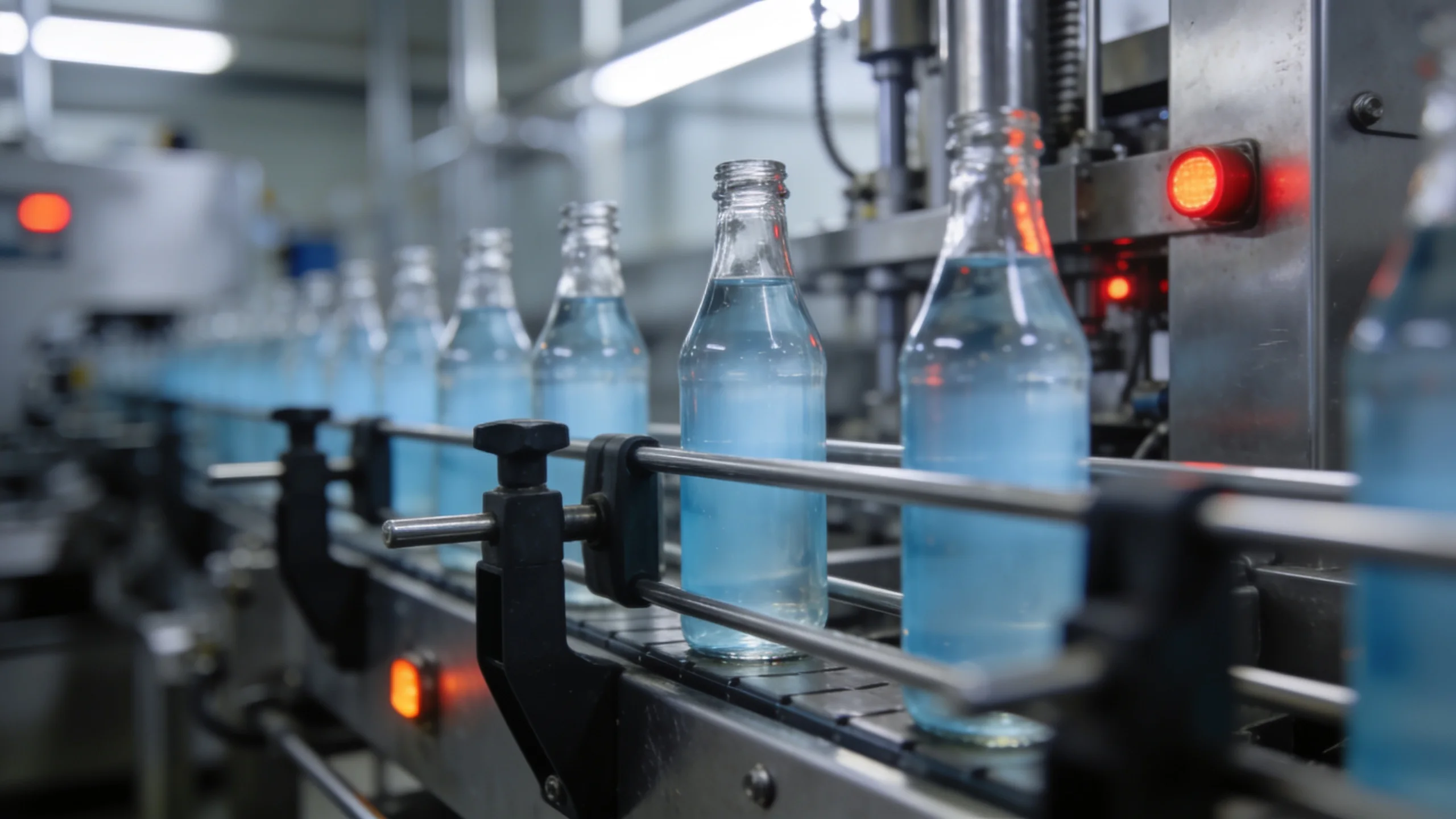 A modern bottling line in steel blue