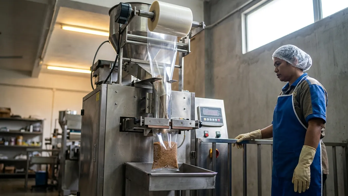 A vertical form-fill-seal machine forming and filling a pouch while an operator watches the fill weight
