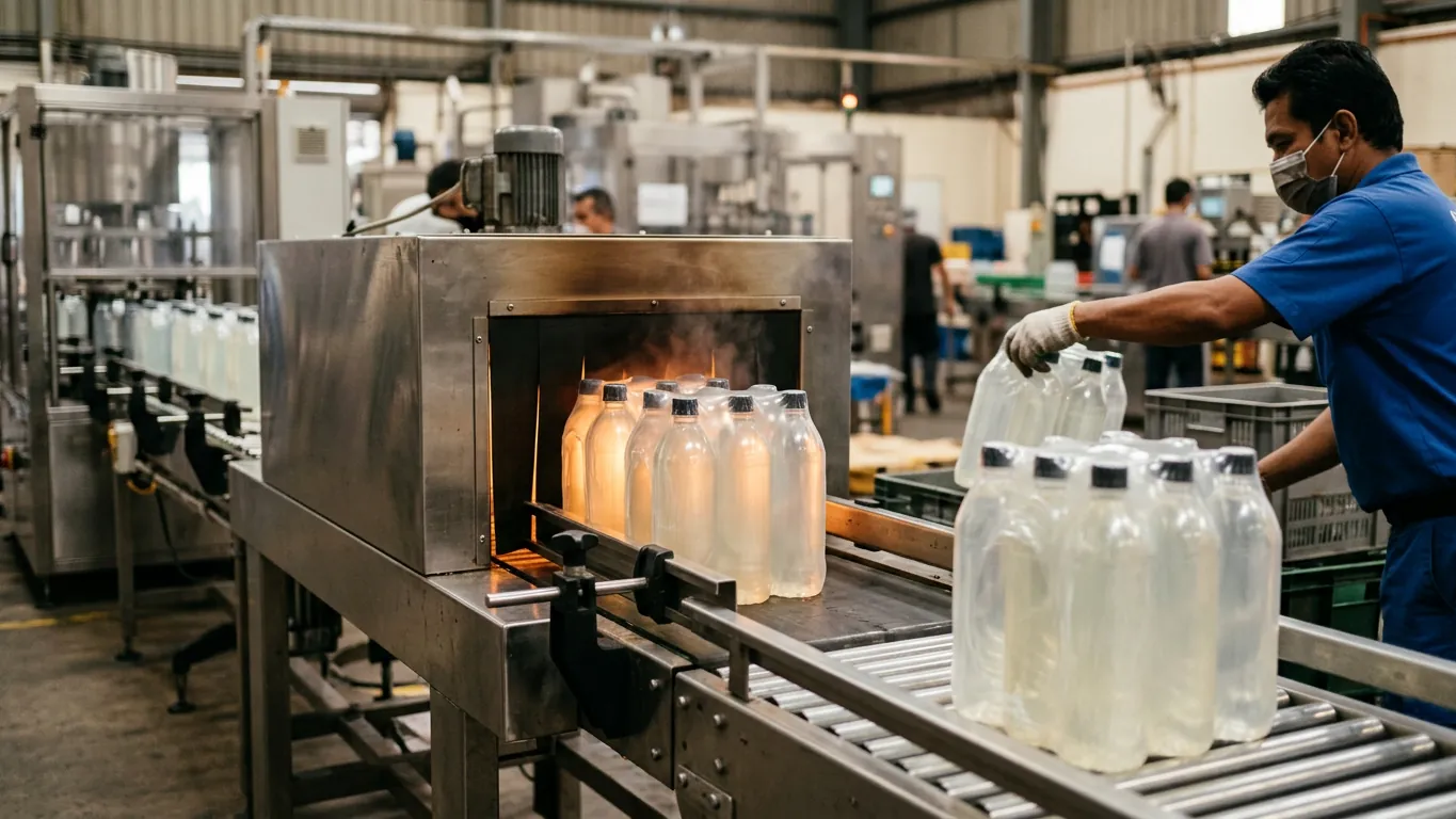 Bottles passing through a heat shrink tunnel, the film pulling tight into a finished multipack
