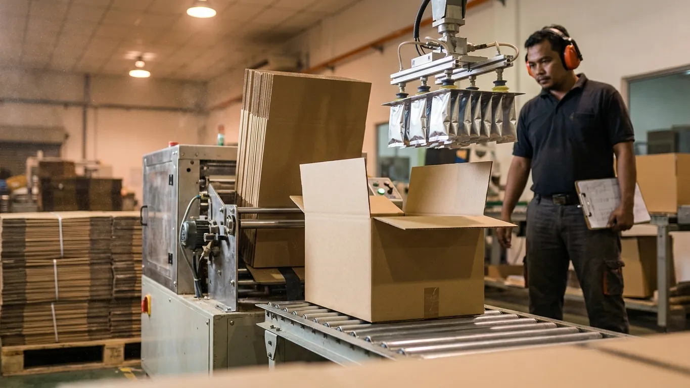 A carton erector folding a flat blank into a box while a pick arm lays sachets into the next carton