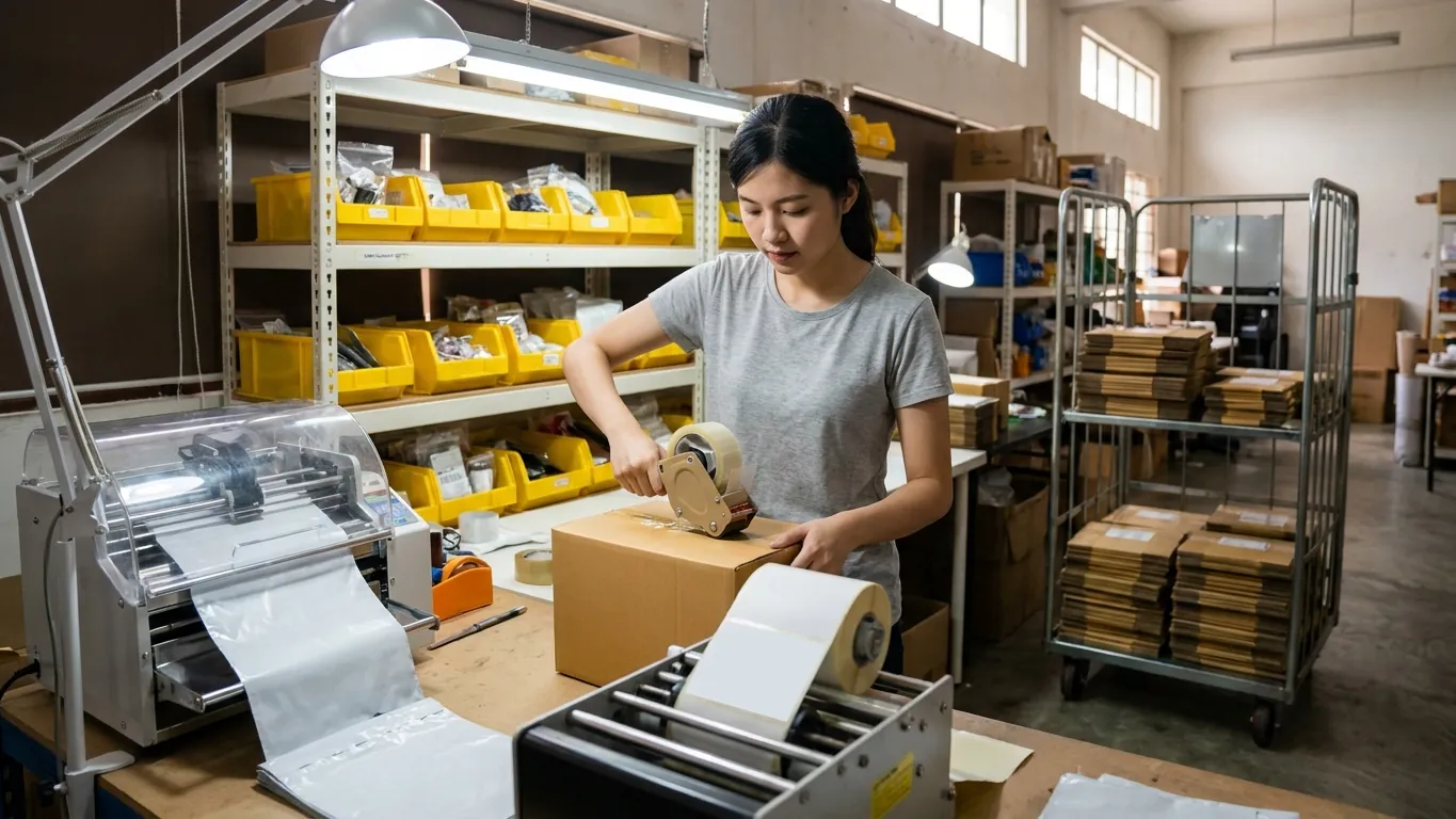 A packing bench where a parcel is sealed and an automatic applicator presses a shipping label onto the box