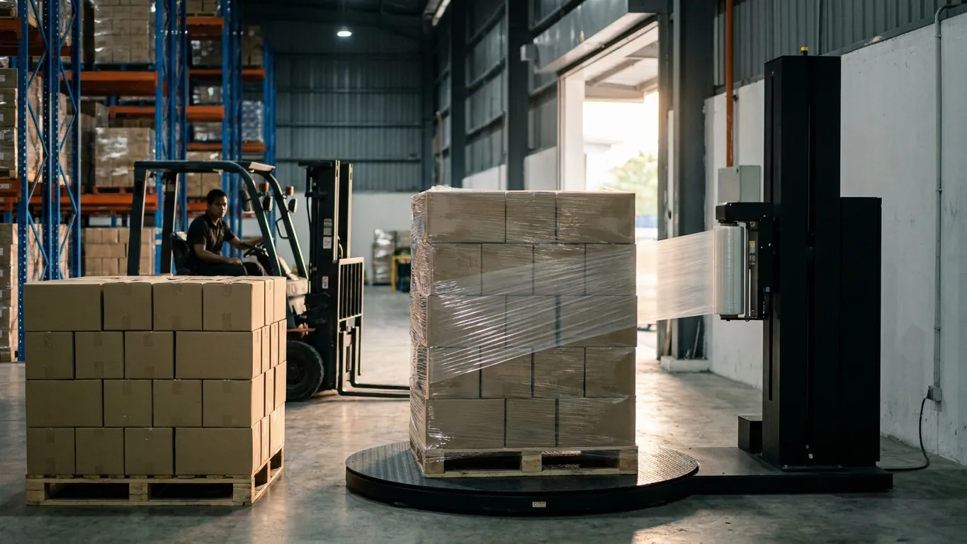 A turntable stretch wrapper spiralling film up a completed pallet, with a stacked pallet waiting alongside