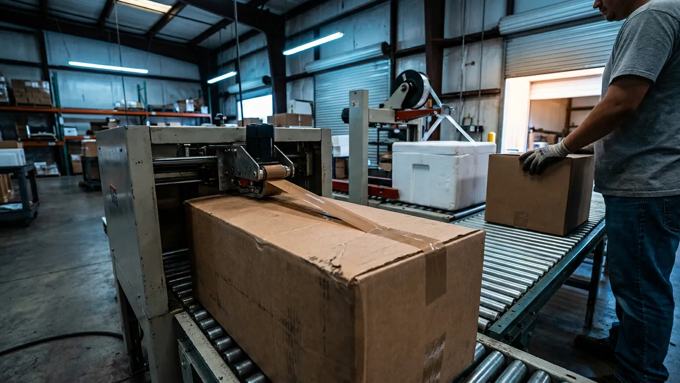 A case sealer taping the top seam of a filled carton on a roller bed, with a foam box being banded behind it