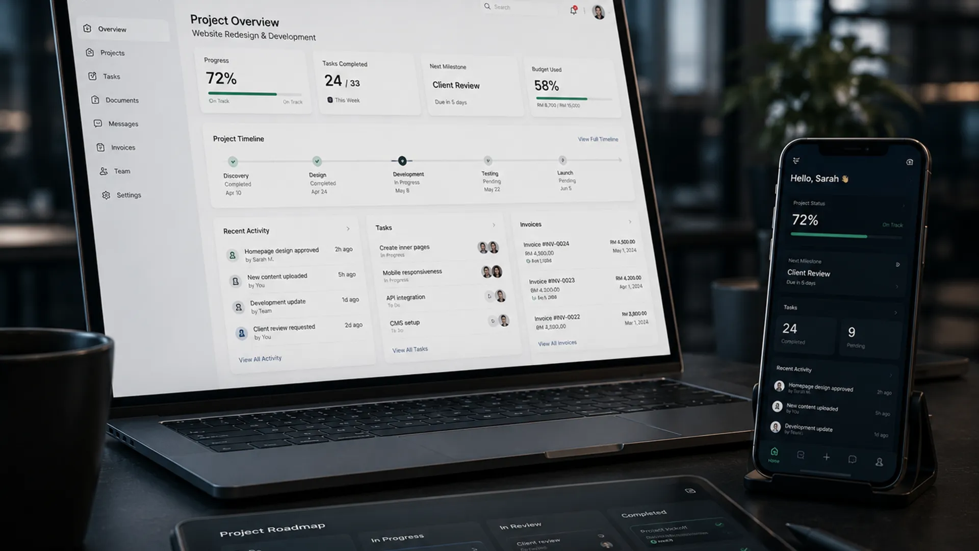 A client portal shown on desktop and phone