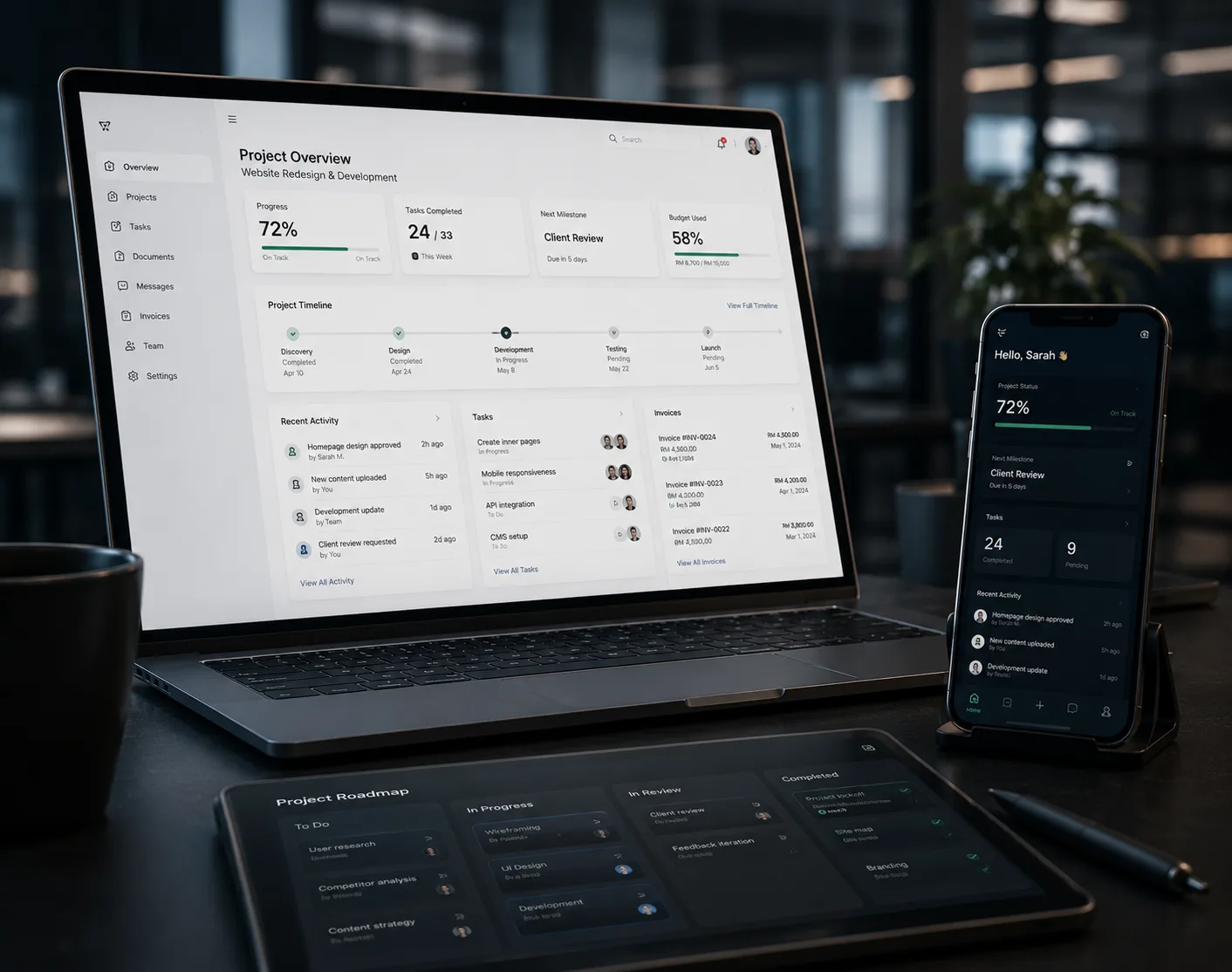A client portal on a laptop, phone and tablet: project overview, timeline, tasks and invoices