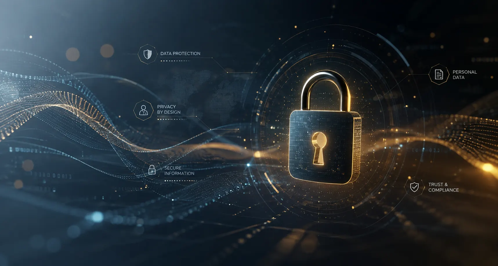 A gold padlock over encrypted data streams — data protection, privacy by design