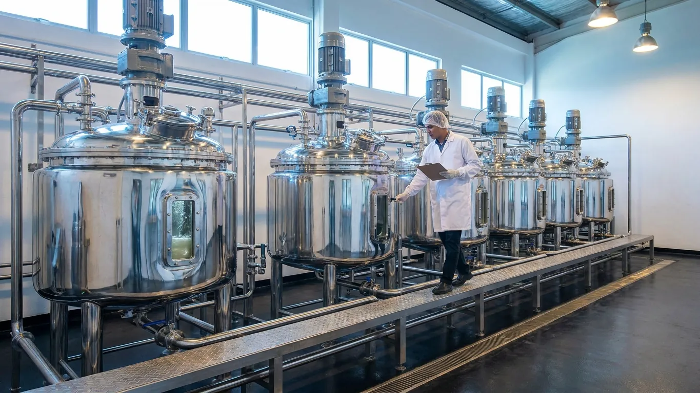 A row of stainless steel jacketed blending tanks with top-mounted mixers and sanitary pipework