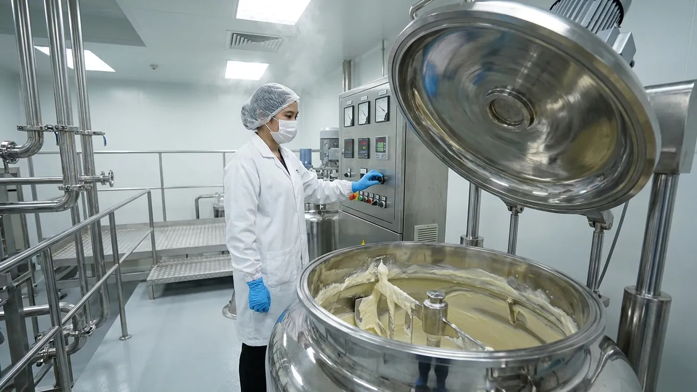 A vacuum emulsifying vessel with its lid raised, cream visible on the mixing blades, an operator at the control panel