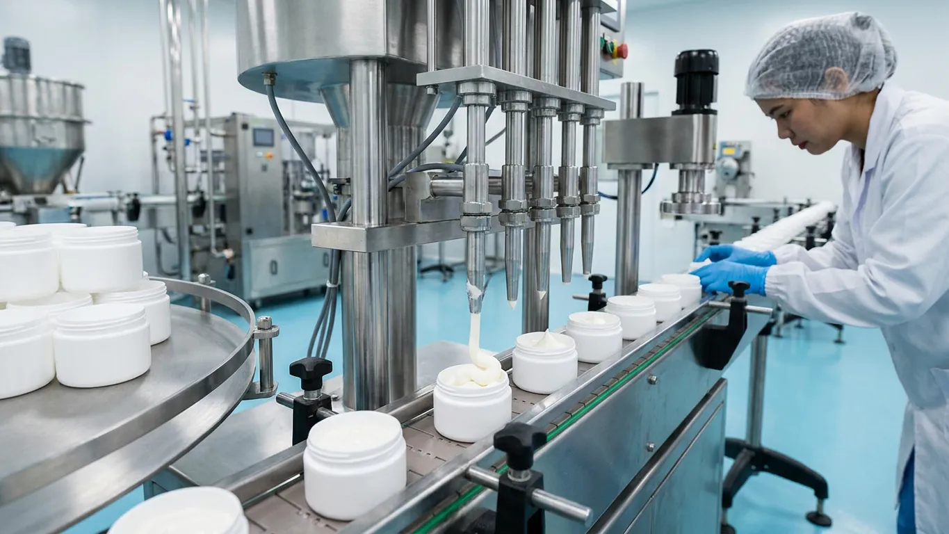 A multi-head piston filler dispensing cream into plain white jars on a conveyor, an operator adjusting a jar