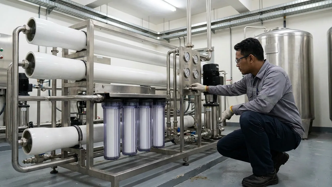 A reverse-osmosis water treatment unit with membrane housings and pre-filters, a technician reading a gauge