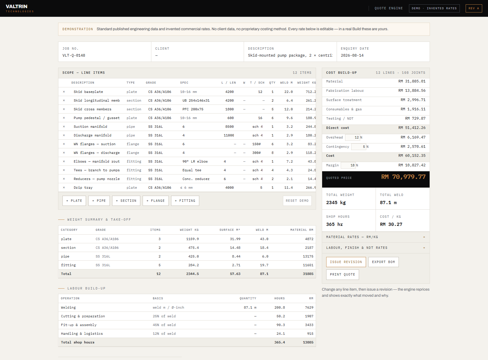 The Valtrin estimating engine interface